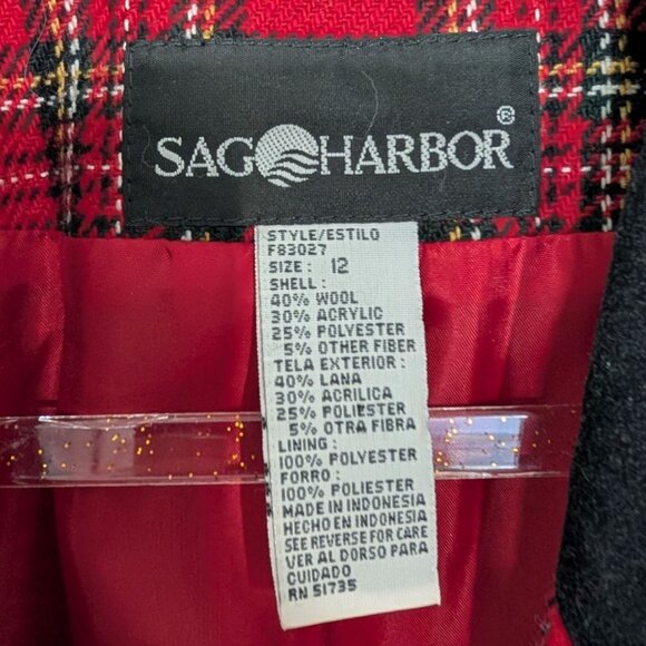 Vintage Sag Harbor Plaid Blazer Womens Size 12 Red Wool Blend Velvet Collar - Picture 4 of 9